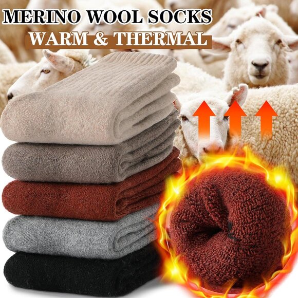 Women Merino Wool Black Gray Sock 5 Pairs Warm Thick Crew Cozy Winter Boot Socks - Picture 2 of 6